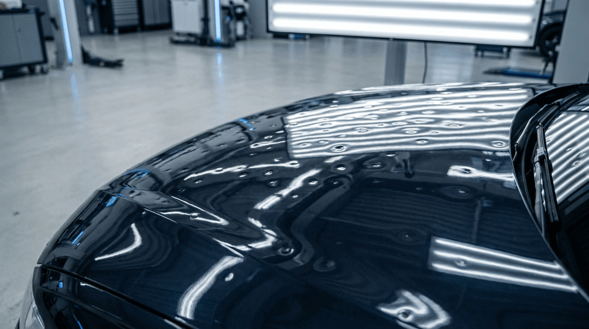 Hagelschäden auf einer Fahrzeughaube vor der PDR-Reparatur