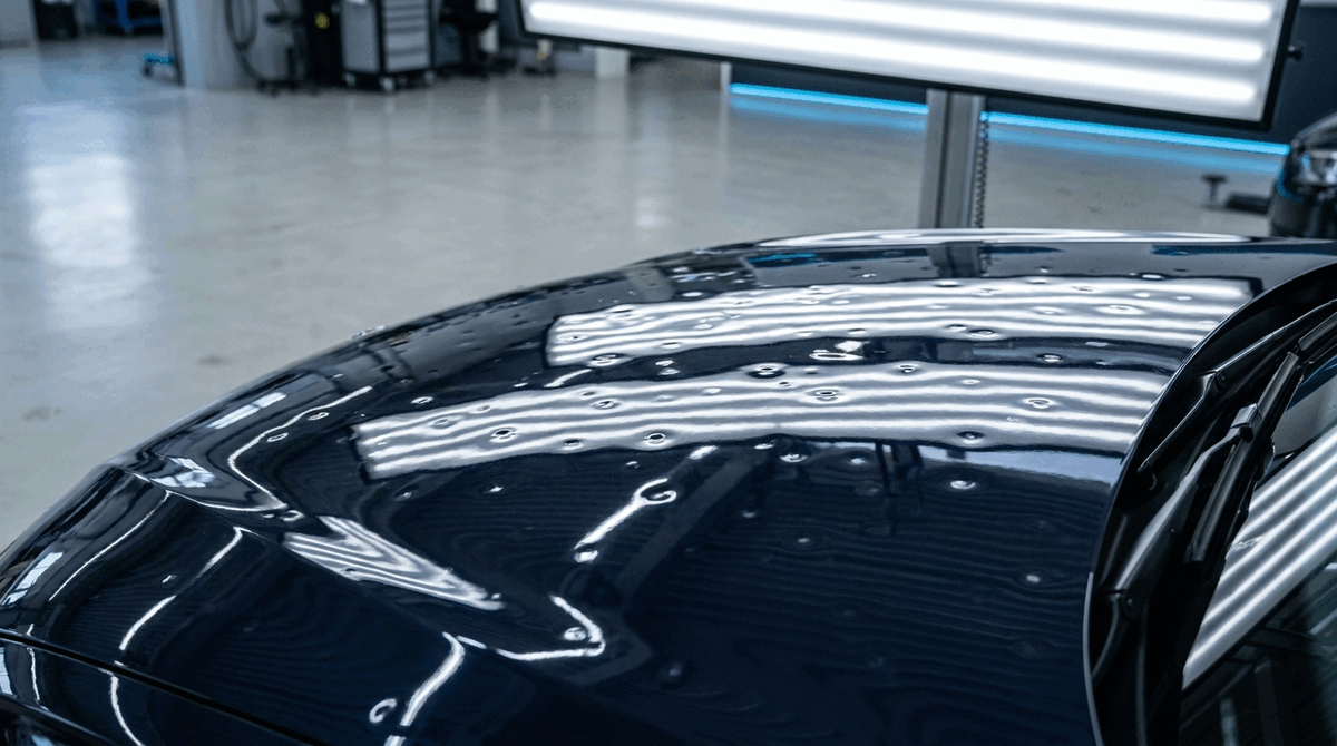 Hagelschäden auf einer Fahrzeughaube vor der PDR-Reparatur