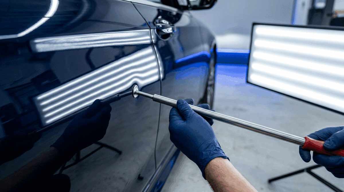 Professionelle PDR-Dellenreparatur an einem Fahrzeug
